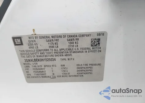 2017 Chevrolet Equinox Ls z USA, uszkodzony, nr VIN 2GNALBEK9H1525034